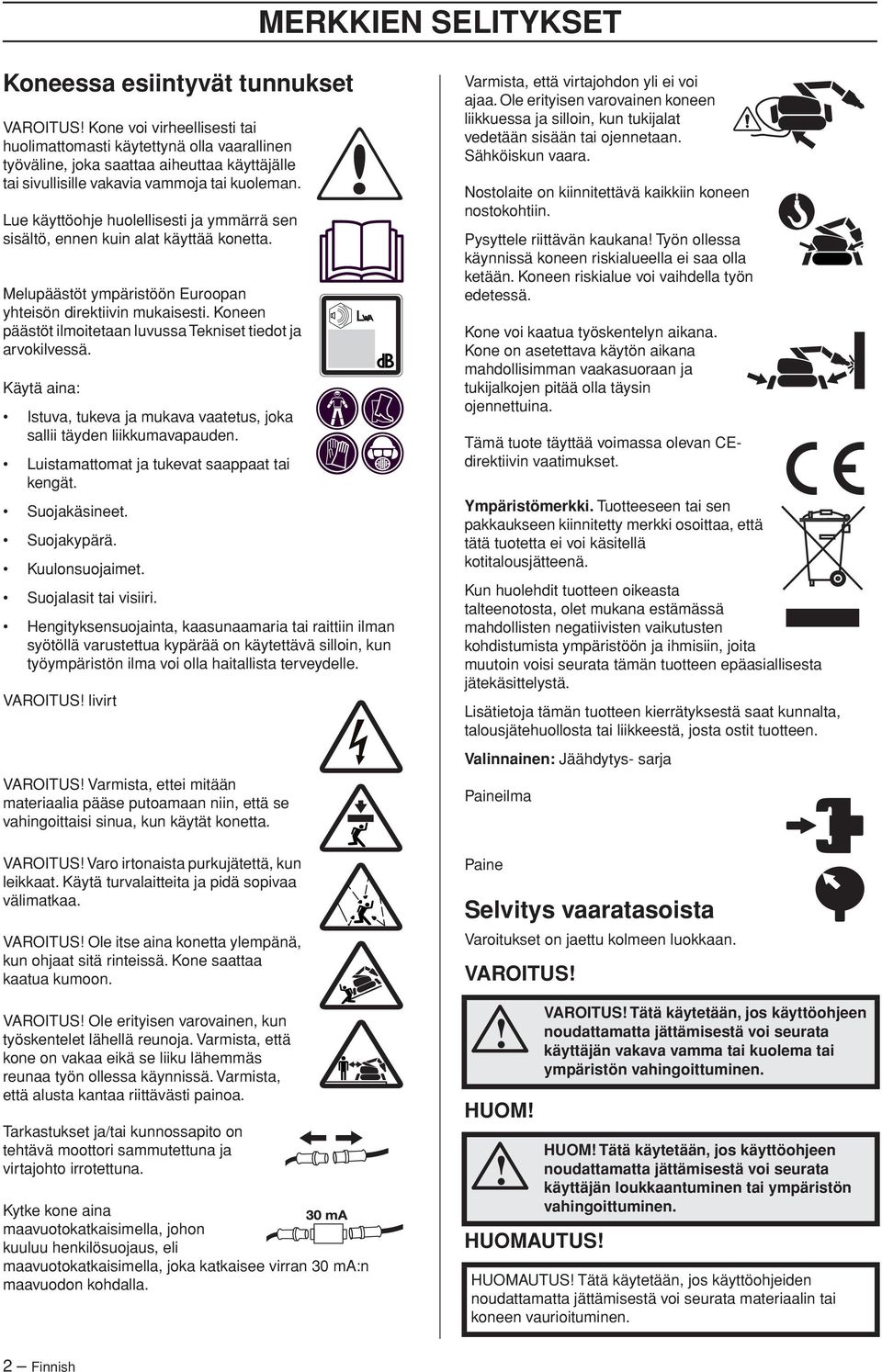 Lue käyttöohje huolellisesti ja ymmärrä sen sisältö, ennen kuin alat käyttää konetta. Melupäästöt ympäristöön Euroopan yhteisön direktiivin mukaisesti.