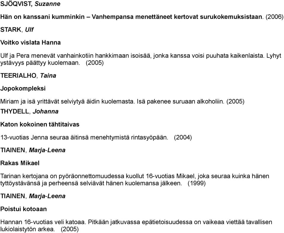 (2005) TEERIALHO, Taina Jopokompleksi Miriam ja isä yrittävät selviytyä äidin kuolemasta. Isä pakenee suruaan alkoholiin.
