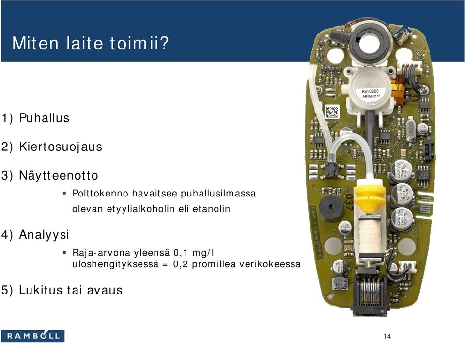 havaitsee puhallusilmassa olevan etyylialkoholin eli etanolin