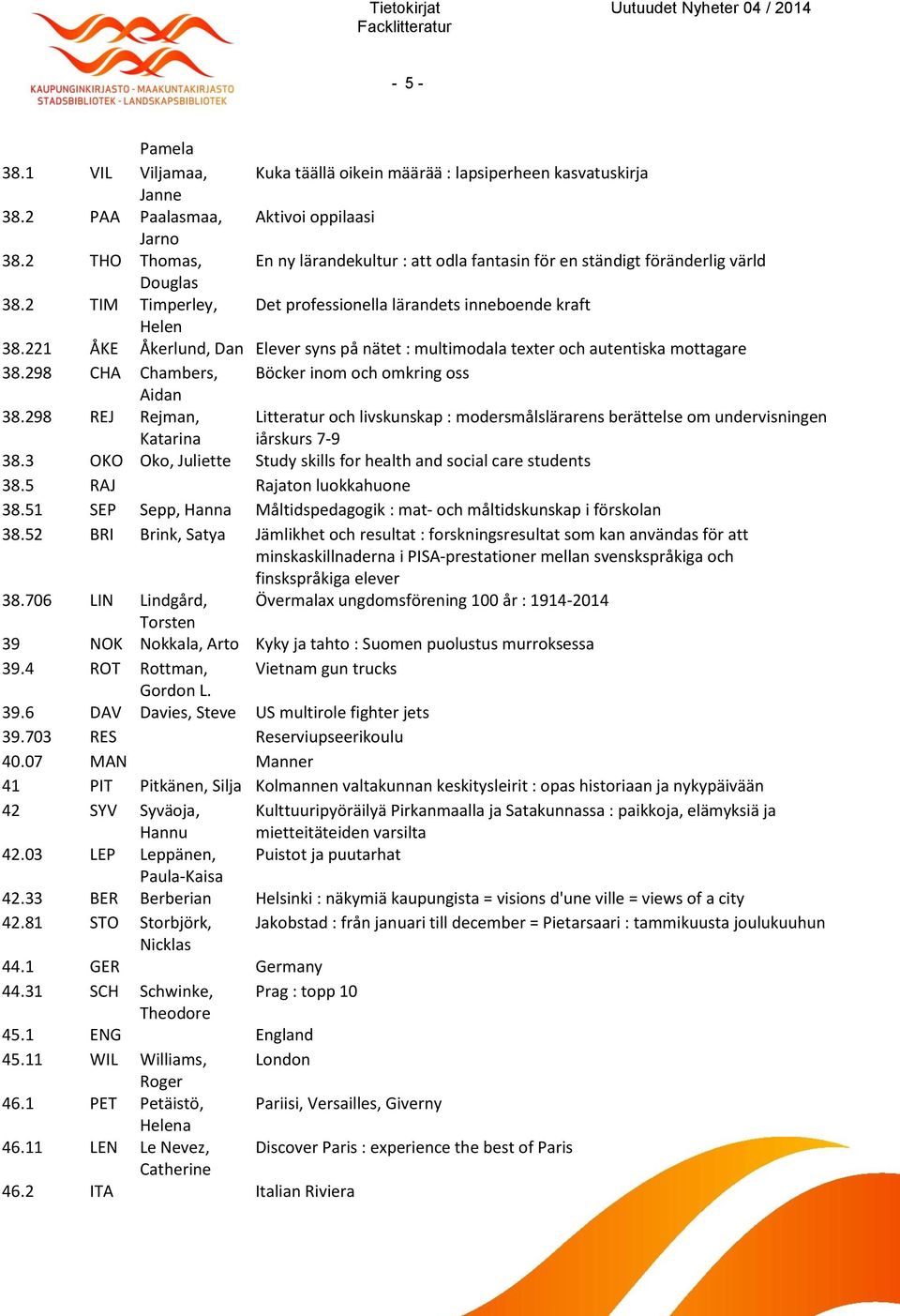 221 ÅKE Åkerlund, Dan Elever syns på nätet : multimodala texter och autentiska mottagare 38.298 CHA Chambers, Böcker inom och omkring oss Aidan 38.