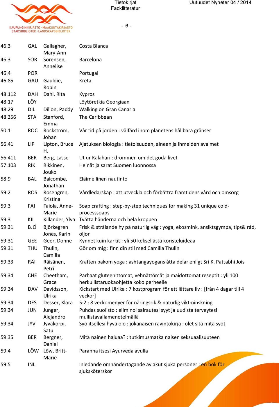 41 LIP Lipton, Bruce Ajatuksen biologia : tietoisuuden, aineen ja ihmeiden avaimet H. 56.411 BER Berg, Lasse Ut ur Kalahari : drömmen om det goda livet 57.