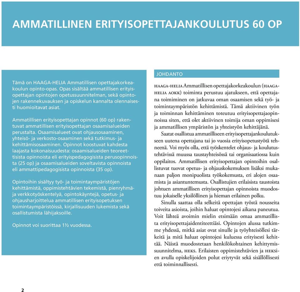 Ammatillisen erityisopettajan opinnot (60 op) rakentuvat ammatillisen erityisopettajan osaamisalueiden perustalta.