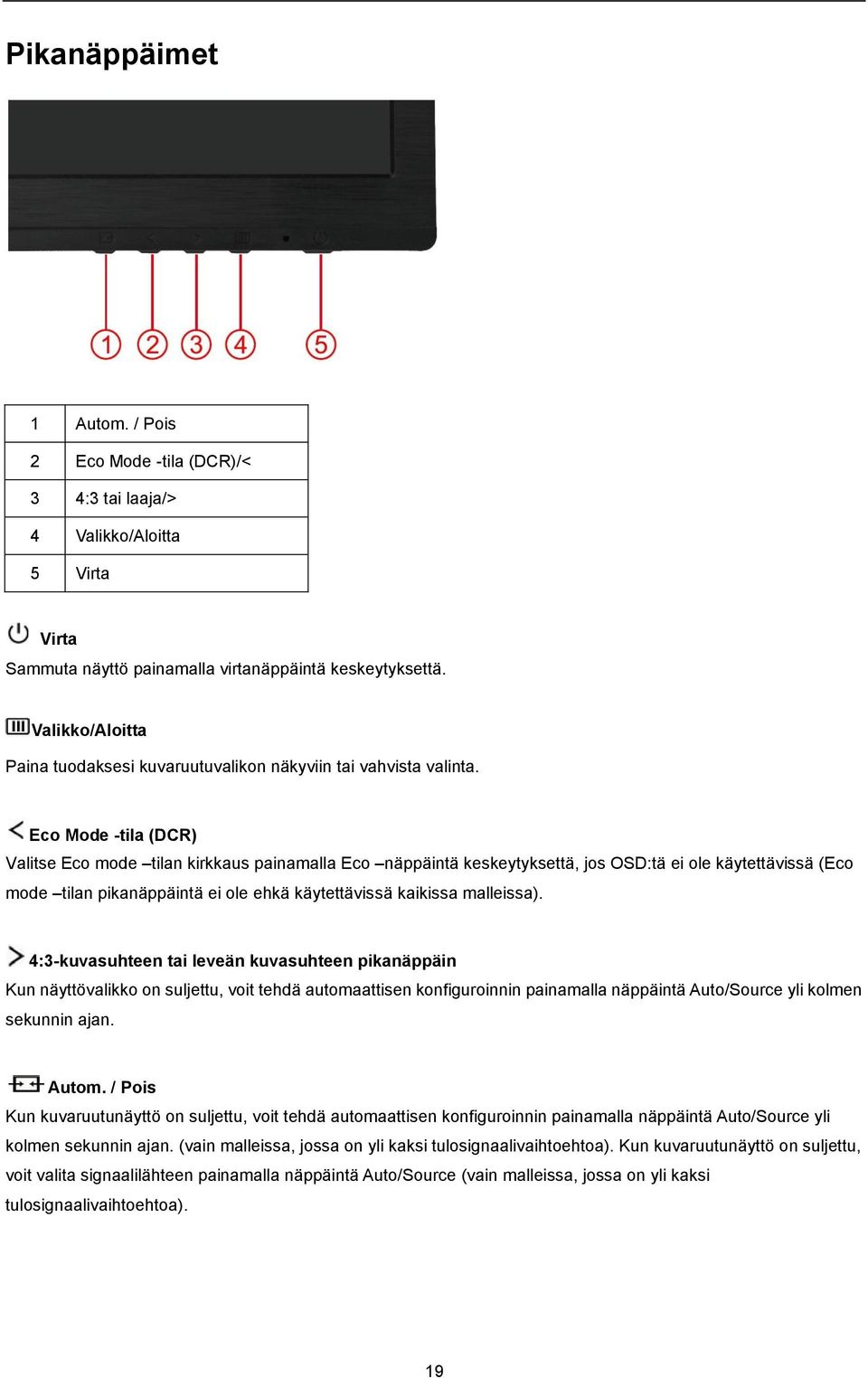 Eco Mode -tila (DCR) Valitse Eco mode tilan kirkkaus painamalla Eco näppäintä keskeytyksettä, jos OSD:tä ei ole käytettävissä (Eco mode tilan pikanäppäintä ei ole ehkä käytettävissä kaikissa