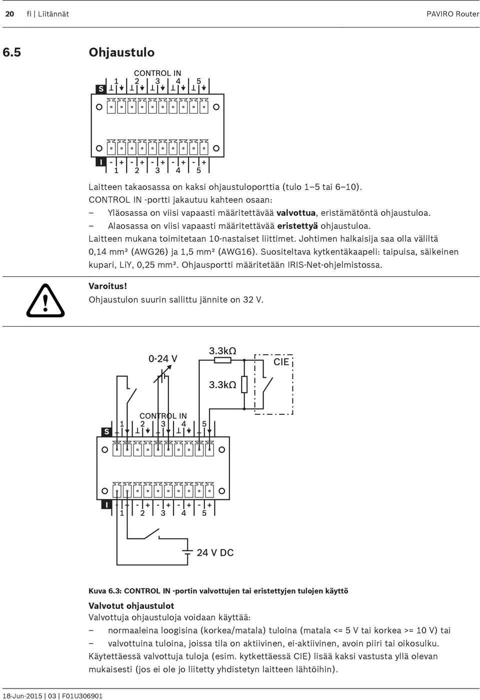 Laitteen mukana toimitetaan 10-nastaiset liittimet. Johtimen halkaisija saa olla väliltä 0,14 mm² (AWG26) ja 1,5 mm² (AWG16). Suositeltava kytkentäkaapeli: taipuisa, säikeinen kupari, LiY, 0,25 mm².