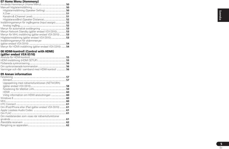 ...... 5 Analog ingång................................ 5 Menyn för automatisk avstängning................. 5 Menyn Network Standby (gäller endast VSX-S50).