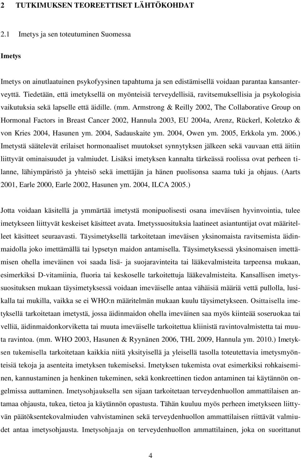 Armstrong & Reilly 2002, The Collaborative Group on Hormonal Factors in Breast Cancer 2002, Hannula 2003, EU 2004a, Arenz, Rückerl, Koletzko & von Kries 2004, Hasunen ym. 2004, Sadauskaite ym.