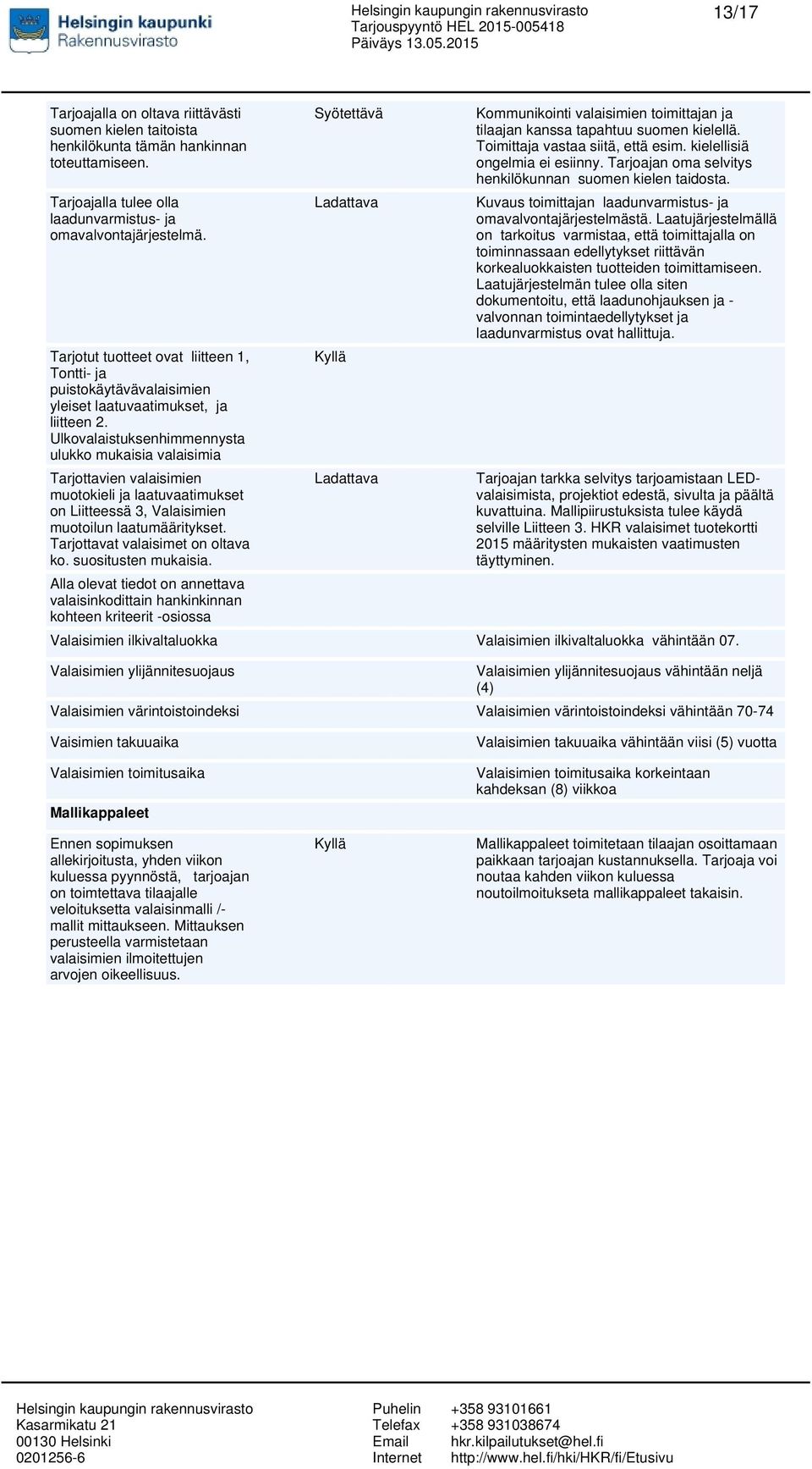 Ulkovalaistuksenhimmennysta ulukko mukaisia valaisimia Tarjottavien valaisimien muotokieli ja laatuvaatimukset on Liitteessä 3, Valaisimien muotoilun laatumääritykset.