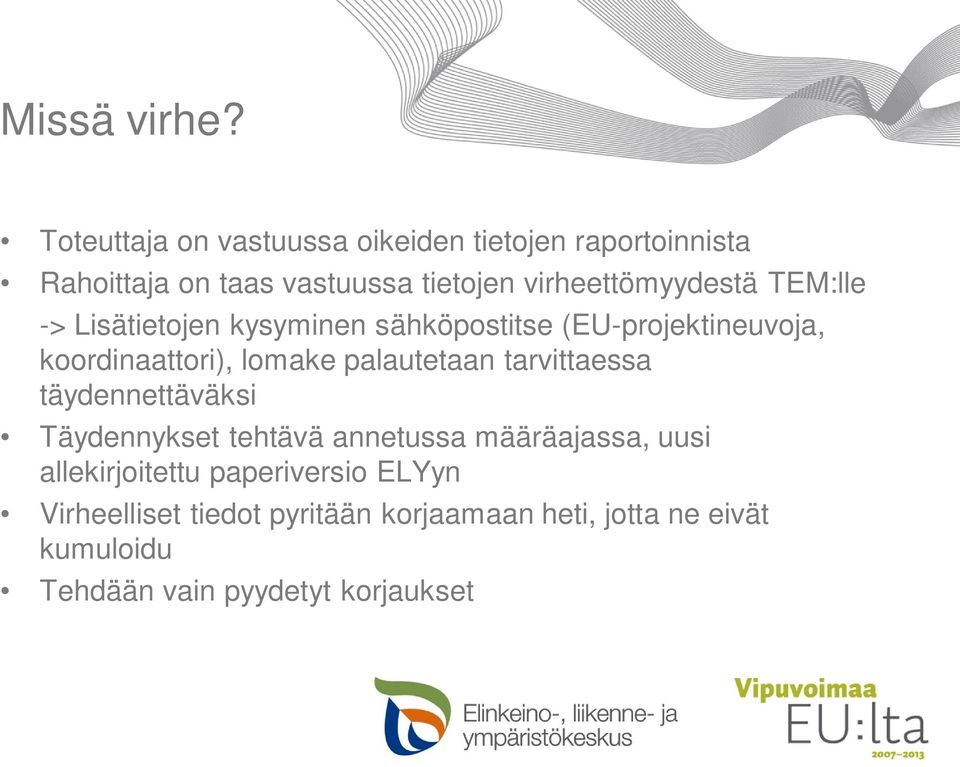 virheettömyydestä TEM:lle -> Lisätietojen kysyminen sähköpostitse (EU-projektineuvoja, koordinaattori), lomake