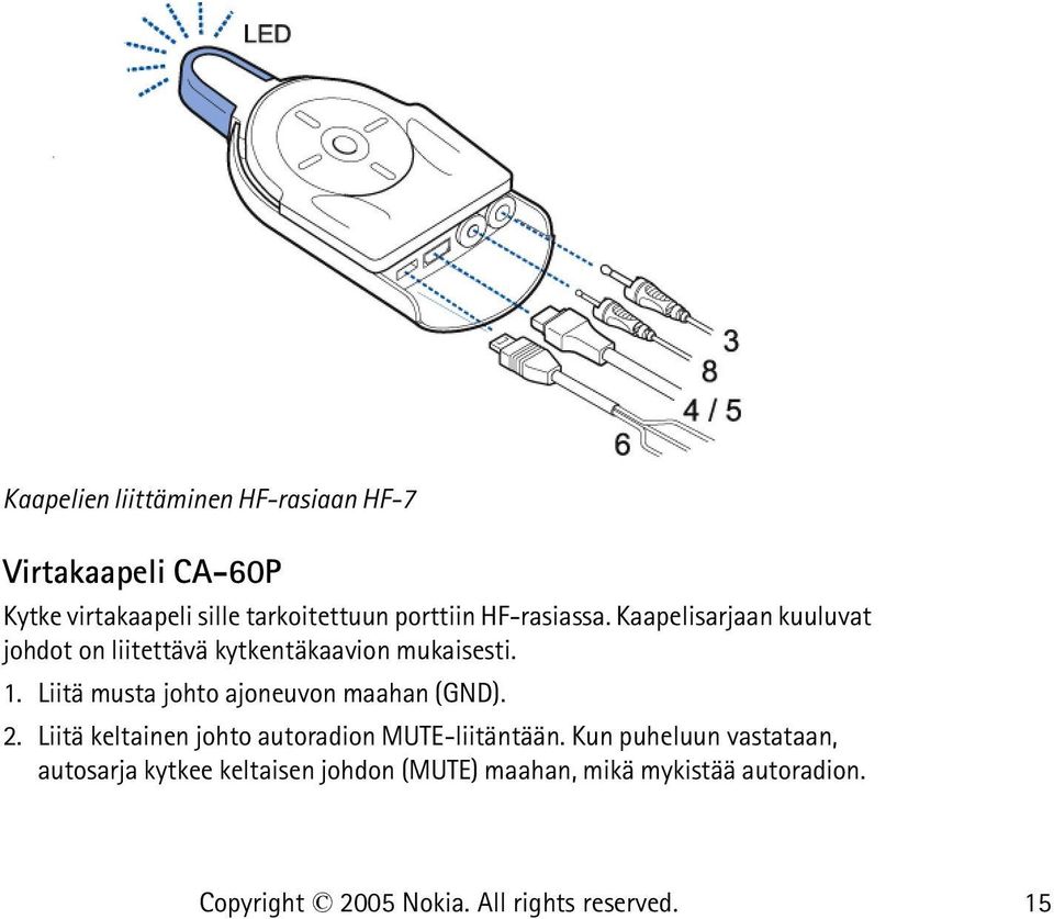 Liitä musta johto ajoneuvon maahan (GND). 2. Liitä keltainen johto autoradion MUTE-liitäntään.