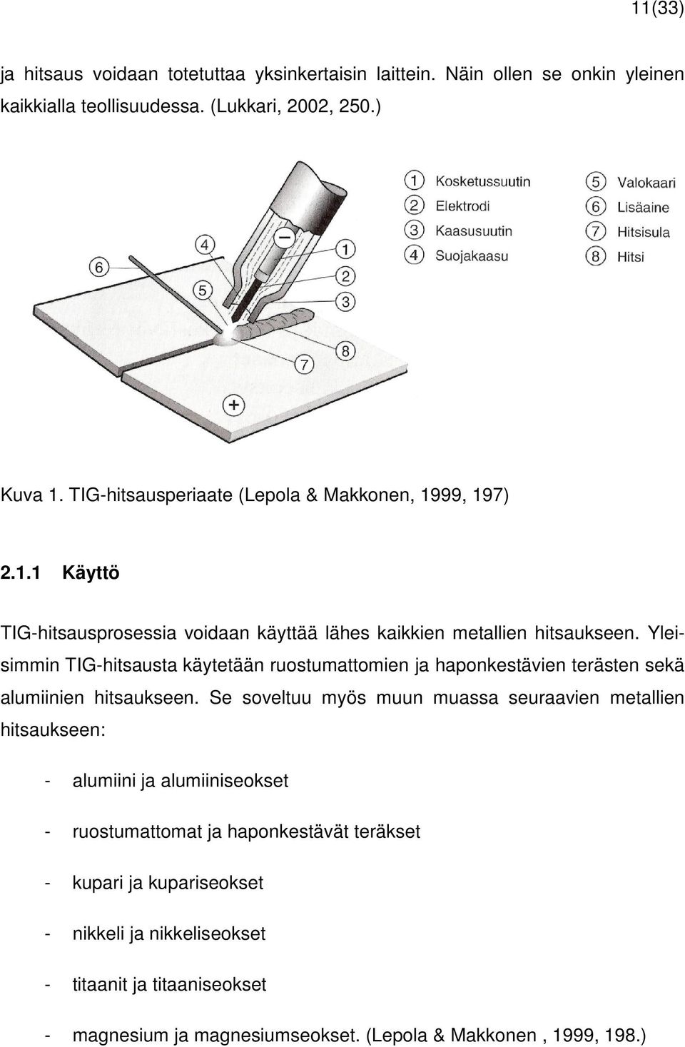 Yleisimmin TIG-hitsausta käytetään ruostumattomien ja haponkestävien terästen sekä alumiinien hitsaukseen.