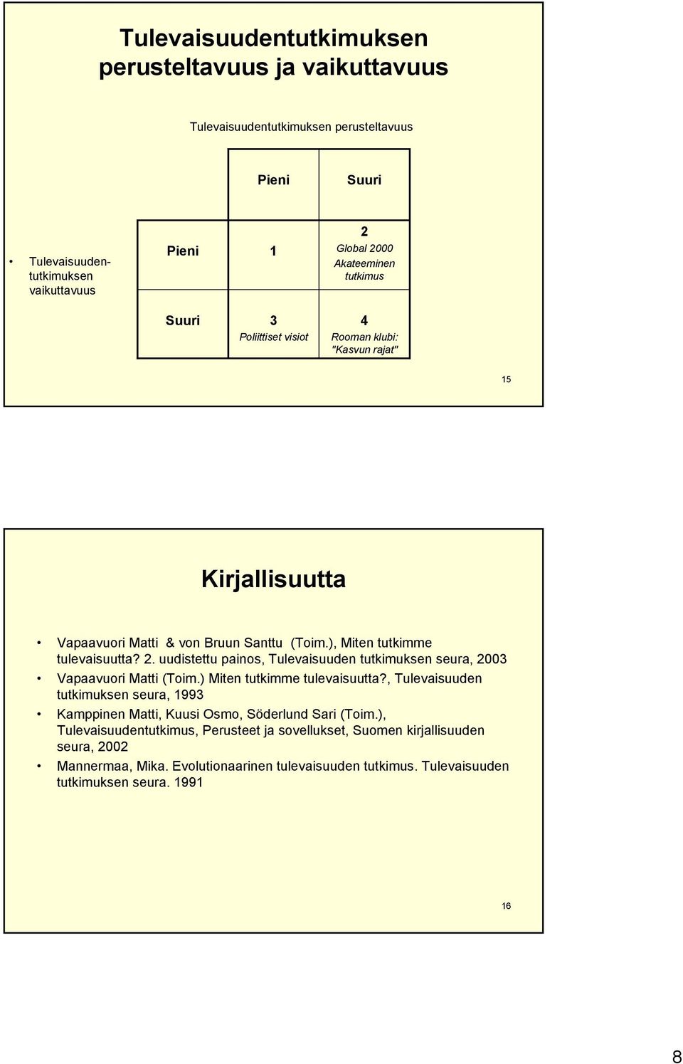 uudistettu painos, Tulevaisuuden tutkimuksen seura, 2003 Vapaavuori Matti (Toim.) Miten tutkimme tulevaisuutta?