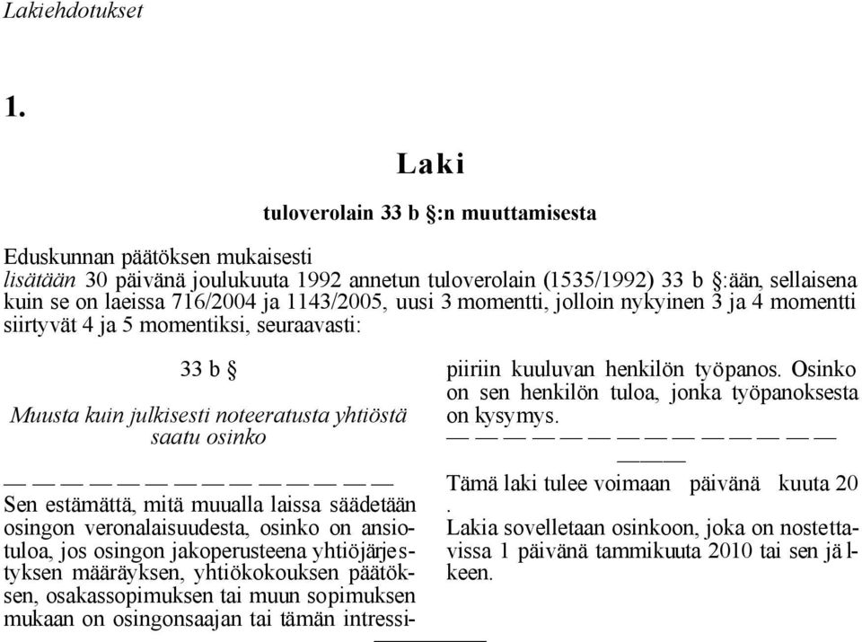 1143/2005, uusi 3 momentti, jolloin nykyinen 3 ja 4 momentti siirtyvät 4 ja 5 momentiksi, seuraavasti: 33 b Muusta kuin julkisesti noteeratusta yhtiöstä saatu osinko Sen estämättä, mitä muualla