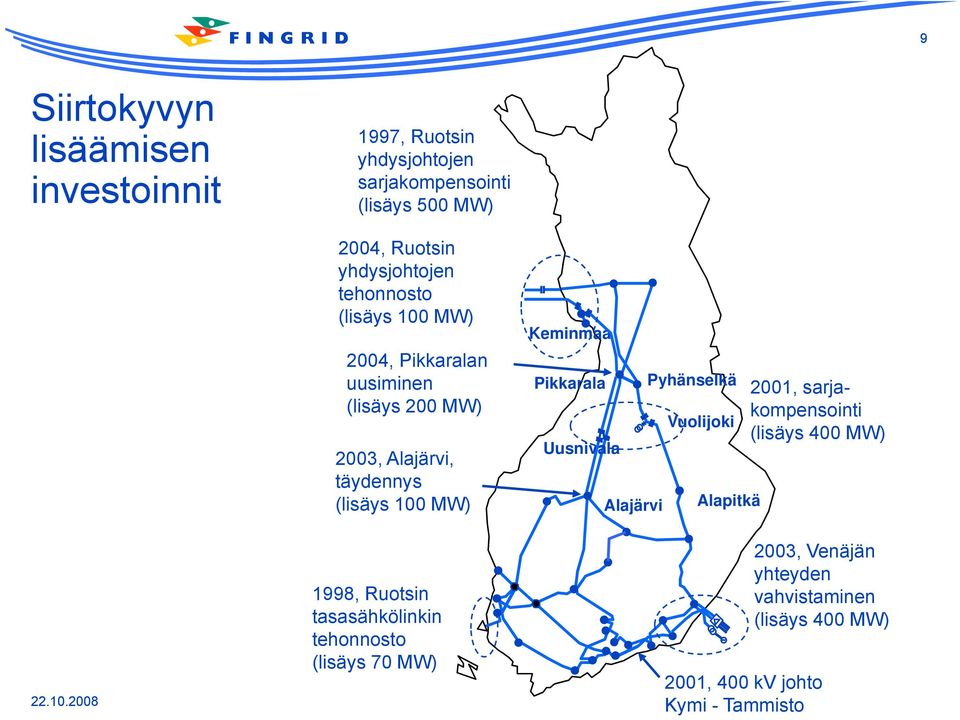 MW) 1998, Ruotsin tasasähkölinkin tehonnosto (lisäys 70 MW) Keminmaa Pikkarala Uusnivala Alajärvi Pyhänselkä Vuolijoki