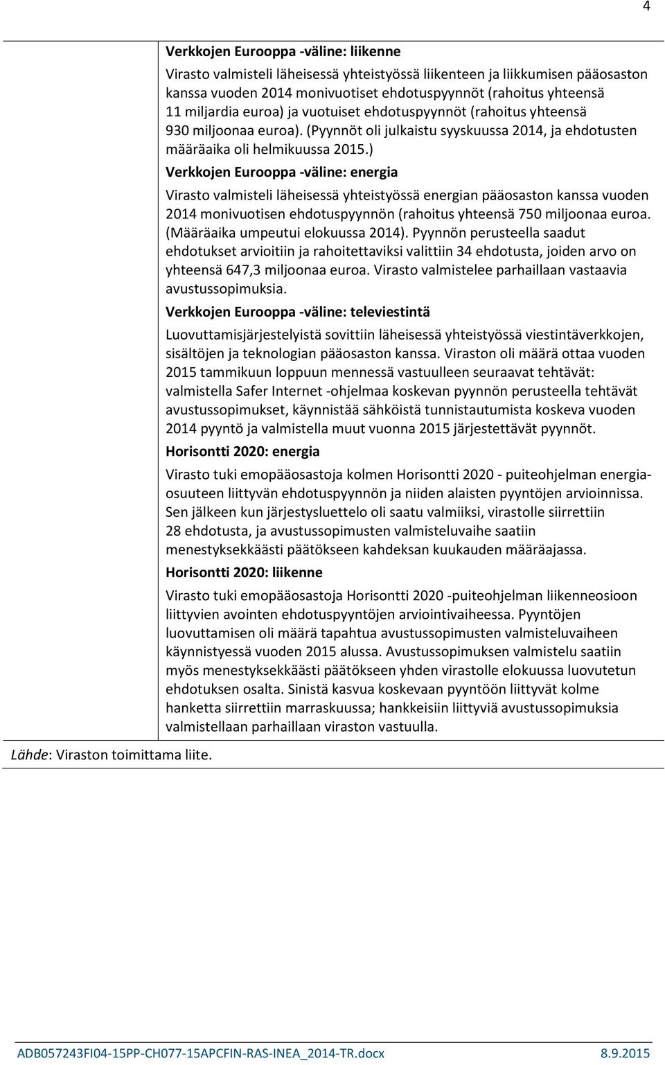 euroa) ja vuotuiset ehdotuspyynnöt (rahoitus yhteensä 930 miljoonaa euroa). (Pyynnöt oli julkaistu syyskuussa 2014, ja ehdotusten määräaika oli helmikuussa 2015.