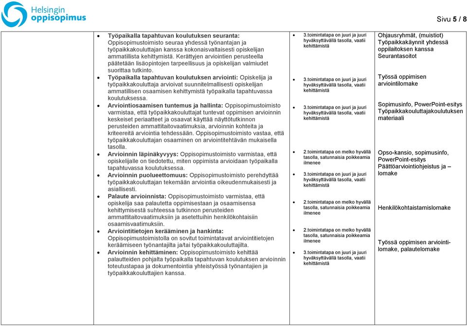 Työpaikalla tapahtuvan koulutuksen arviointi: Opiskelija ja työpaikkakouluttaja arvioivat suunnitelmallisesti opiskelijan ammatillisen osaamisen kehittymistä työpaikalla tapahtuvassa koulutuksessa.