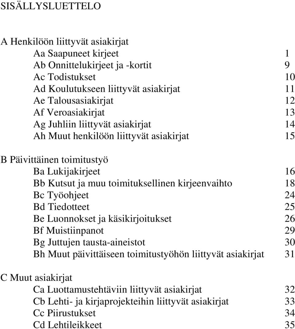 muu toimituksellinen kirjeenvaihto 18 Bc Työohjeet 24 Bd Tiedotteet 25 Be Luonnokset ja käsikirjoitukset 26 Bf Muistiinpanot 29 Bg Juttujen tausta-aineistot 30 Bh Muut