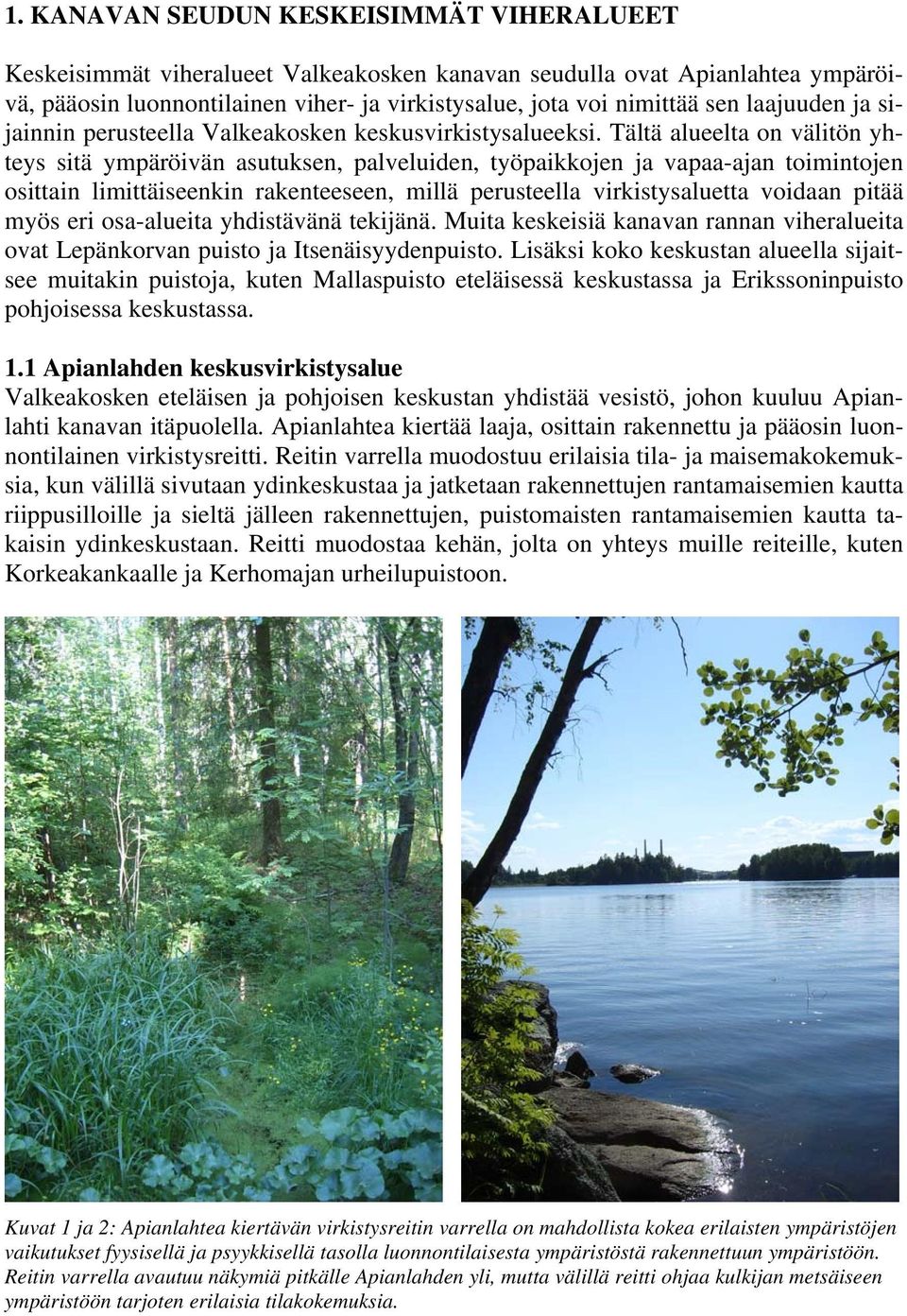 Tältä alueelta on välitön yhteys sitä ympäröivän asutuksen, palveluiden, työpaikkojen ja vapaa-ajan toimintojen osittain limittäiseenkin rakenteeseen, millä perusteella virkistysaluetta voidaan pitää