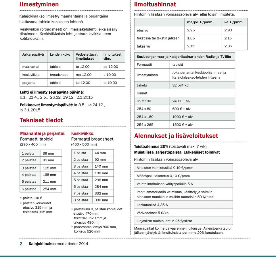 00 ti 10.00 perjantai tabloid ke 12.00 to 10.00 Lehti ei ilmesty seuraavina päivinä: 6.1., 21.4., 2.5., 26.12, 29.12., 2.1.2015 Poikkeavat ilmestymispäivät: la 3.5., ke 24.12., la 3.1.2015 Tekniset tiedot Ilmoitushinnat Hintoihin lisätään voimassaoleva alv.