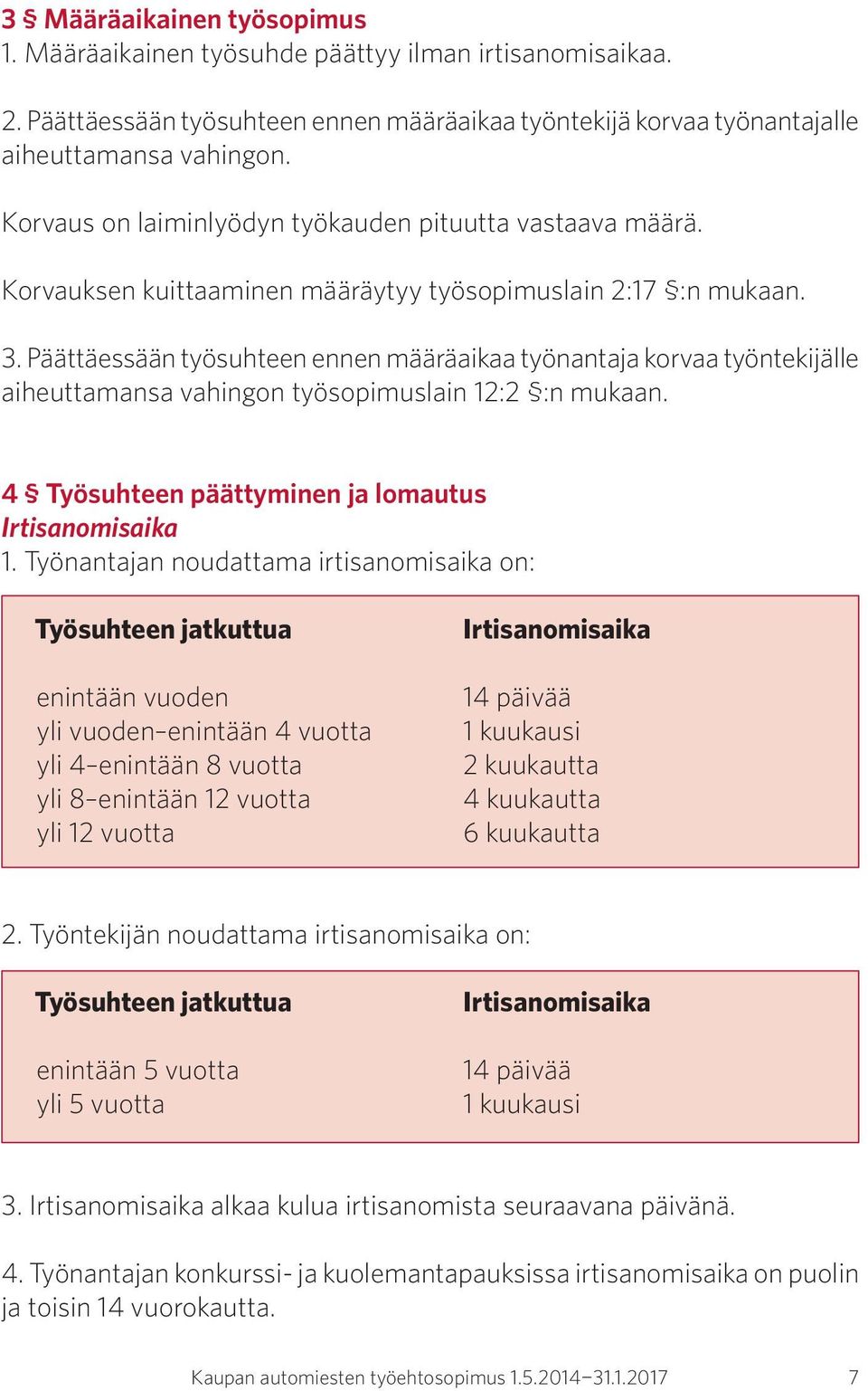 Päättäessään työsuhteen ennen määräaikaa työnantaja korvaa työntekijälle aiheuttamansa vahingon työsopimuslain 12:2 :n mukaan. 4 Työsuhteen päättyminen ja lomautus Irtisanomisaika 1.