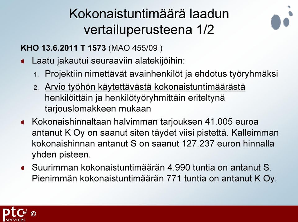 Arvio työhön käytettävästä kokonaistuntimäärästä henkilöittäin ja henkilötyöryhmittäin eriteltynä tarjouslomakkeen mukaan Kokonaishinnaltaan halvimman