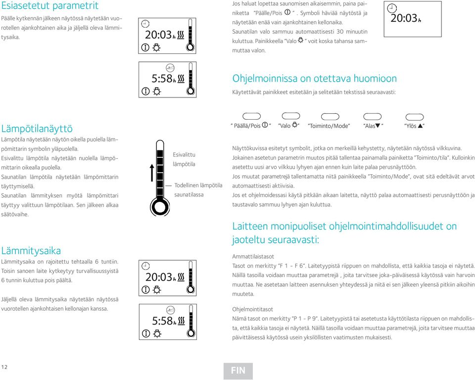 Saunatilan valo sammuu automaattisesti 30 minuutin kuluttua. Painikkeella Valo voit koska tahansa sammuttaa valon.