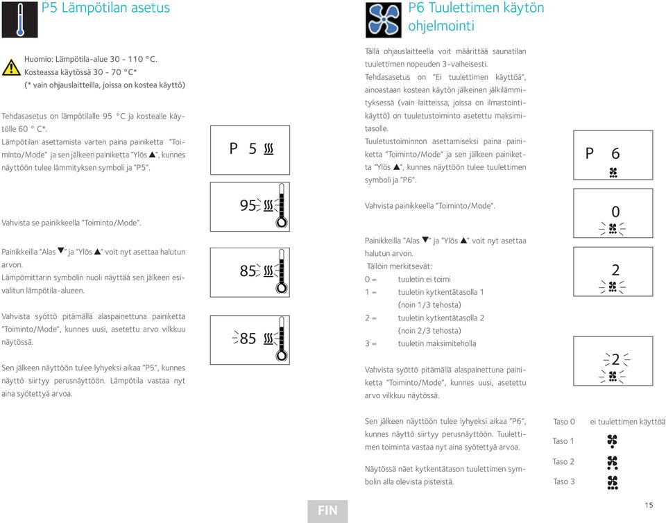 Lämpötilan asettamista varten paina painiketta Toiminto/Mode ja sen jälkeen painiketta Ylös, kunnes näyttöön tulee lämmityksen symboli ja P5.