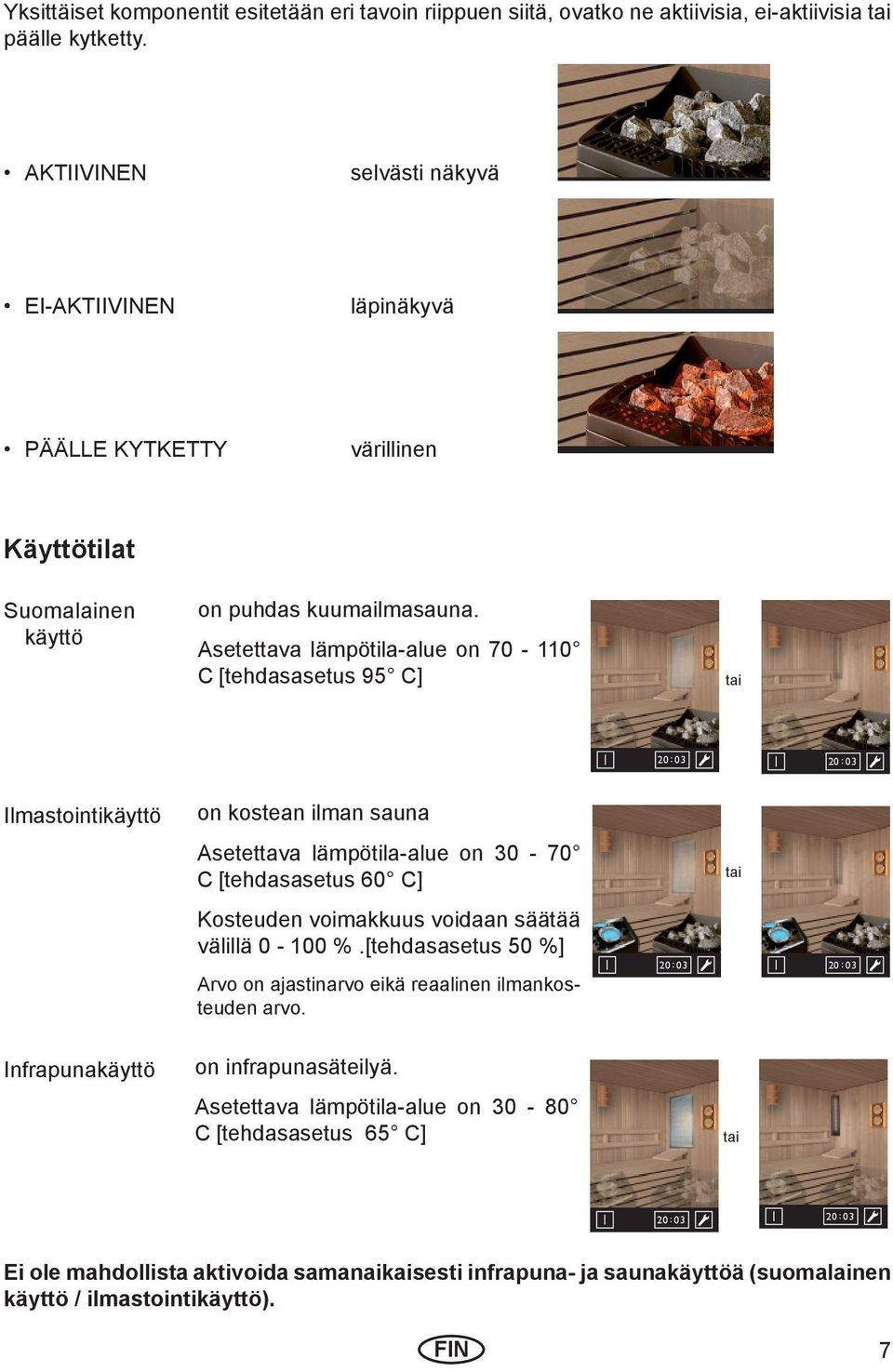 Asetettava lämpötila-alue on 70-110 C [tehdasasetus 95 C] tai Ilmastointikäyttö Infrapunakäyttö on kostean ilman sauna Asetettava lämpötila-alue on 30-70 C [tehdasasetus 60 C] Kosteuden