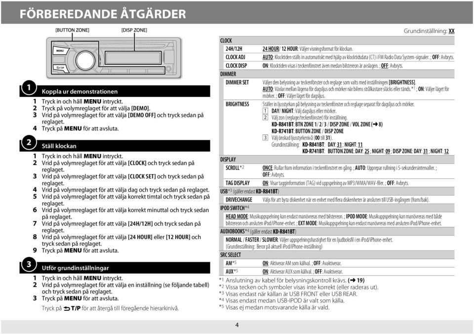 2 Vrid på volymreglaget för att välja [CLOCK] och tryck sedan på reglaget. 3 Vrid på volymreglaget för att välja [CLOCK SET] och tryck sedan på reglaget.