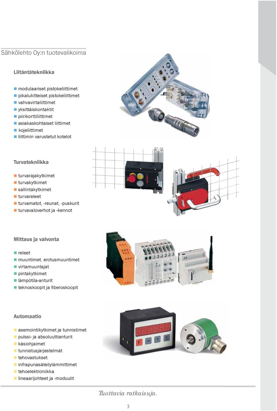 turvavaloverhot ja -kennot Mittaus ja valvonta releet muuntimet, erotusmuuntimet virtamuuntajat pintakytkimet lämpötila-anturit teknoskoopit ja eroskoopit Automaatio