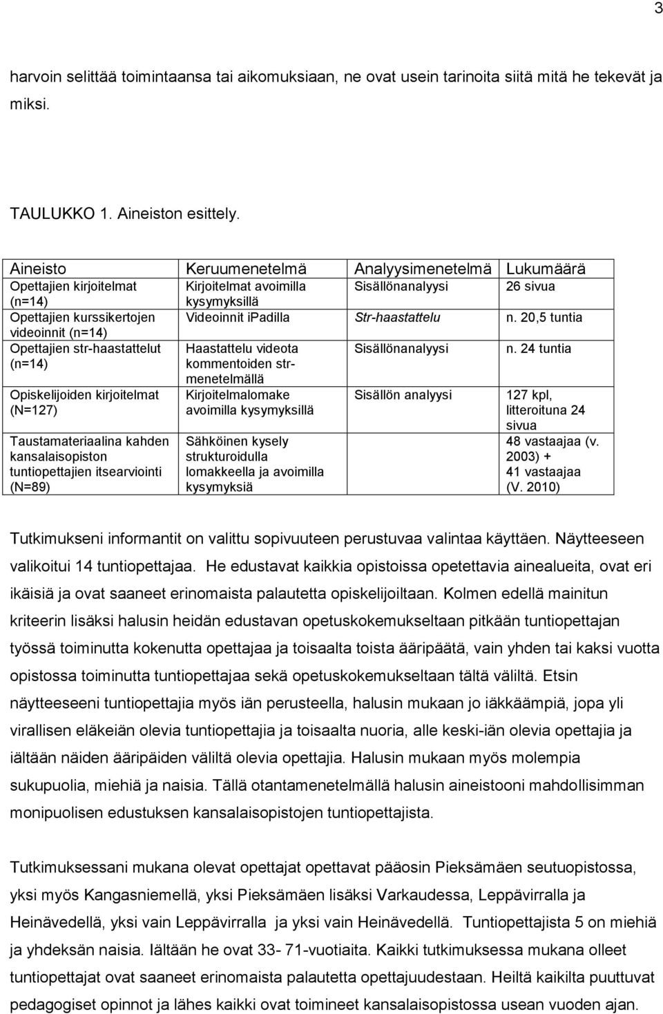 Taustamateriaalina kahden kansalaisopiston tuntiopettajien itsearviointi (N=89) Kirjoitelmat avoimilla Sisällönanalyysi 26 sivua kysymyksillä Videoinnit ipadilla Str-haastattelu n.