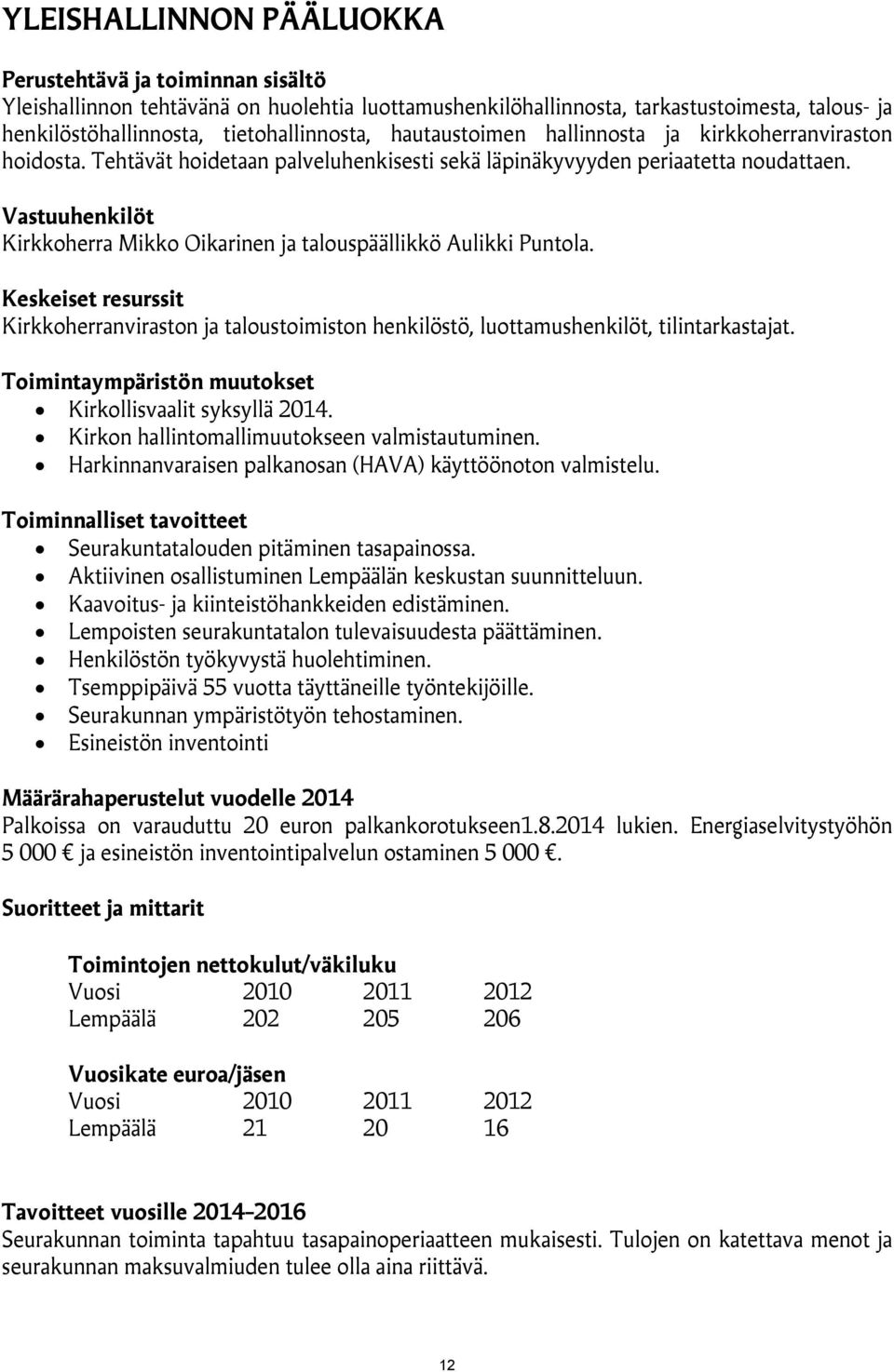 Vastuuhenkilöt Kirkkoherra Mikko Oikarinen ja talouspäällikkö Aulikki Puntola. Keskeiset resurssit Kirkkoherranviraston ja taloustoimiston henkilöstö, luottamushenkilöt, tilintarkastajat.