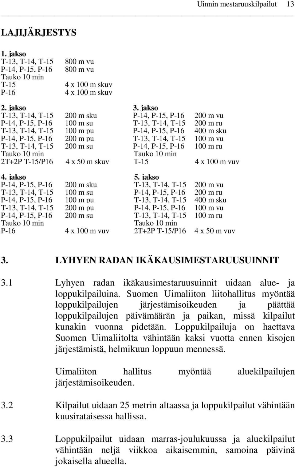 T-14, T-15 100 m vu T-13, T-14, T-15 200 m su P-14, P-15, P-16 100 m ru Tauko 10 min Tauko 10 min 2T+2P T-15/P16 4 x 50 m skuv T-15 4 x 100 m vuv 4. jakso 5.