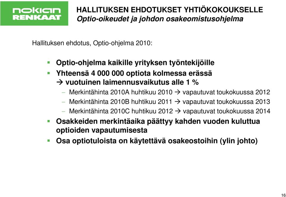 toukokuussa 2012 Merkintähinta 2010B huhtikuu 2011 vapautuvat toukokuussa 2013 Merkintähinta 2010C huhtikuu 2012 vapautuvat toukokuussa