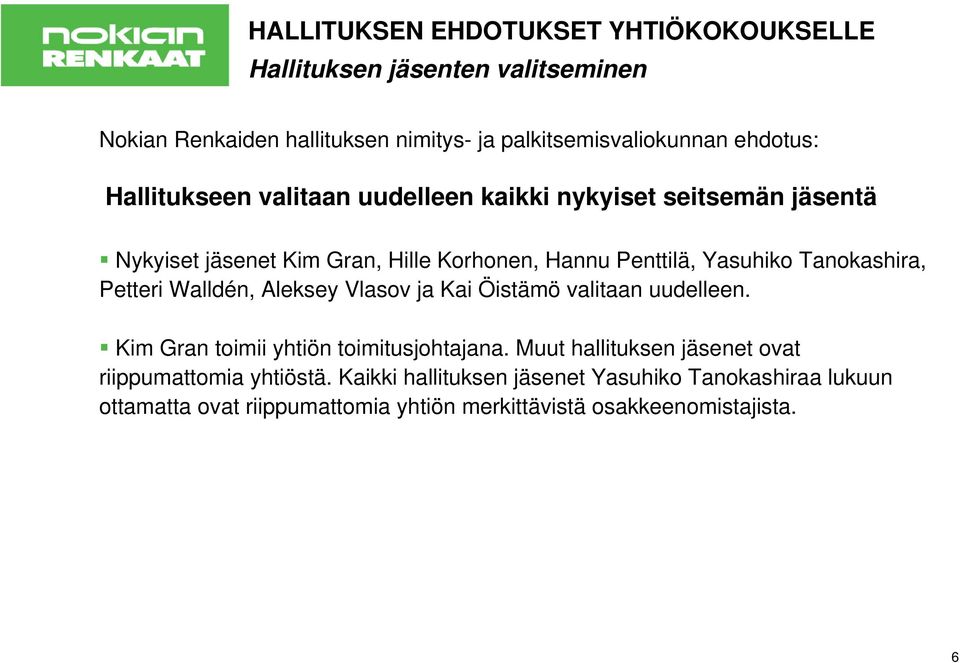 Walldén, Aleksey Vlasov ja Kai Öistämö valitaan uudelleen. Kim Gran toimii yhtiön toimitusjohtajana.