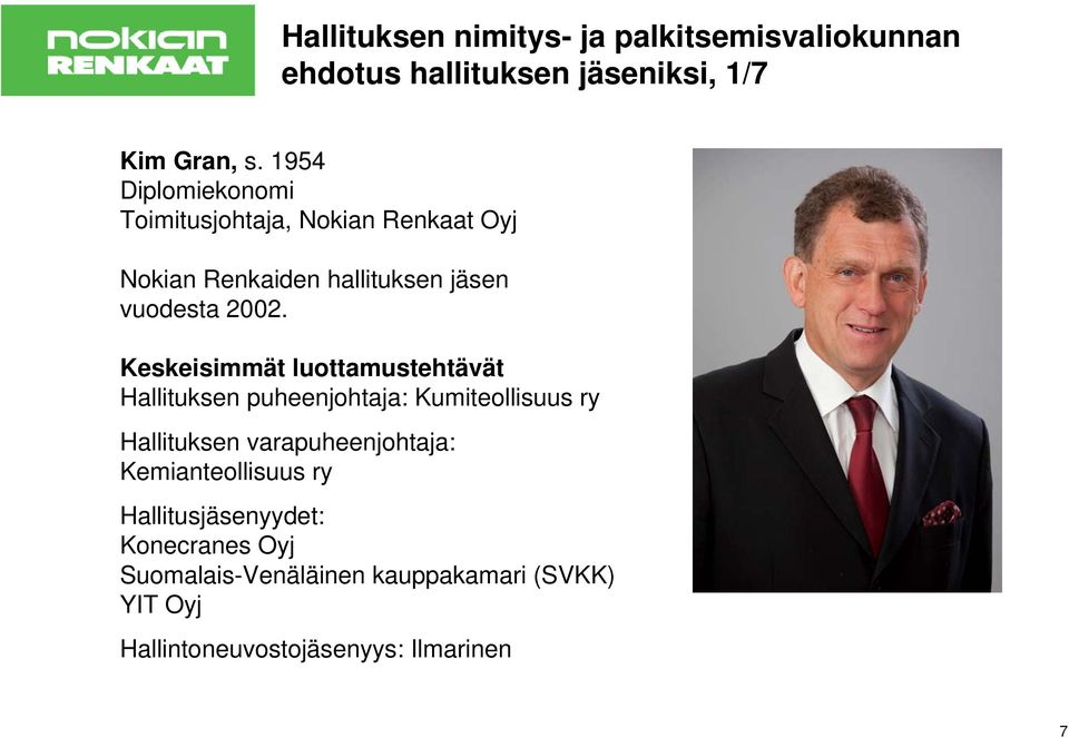 Keskeisimmät luottamustehtävät Hallituksen puheenjohtaja: Kumiteollisuus ry Hallituksen varapuheenjohtaja: