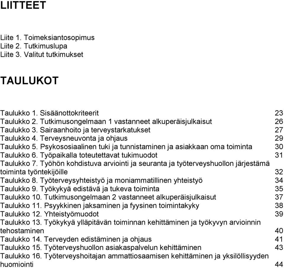 Psykososiaalinen tuki ja tunnistaminen ja asiakkaan oma toiminta 30 Taulukko 6. Työpaikalla toteutettavat tukimuodot 31 Taulukko 7.