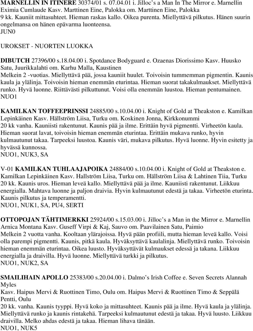 Ozaenas Diorissimo Kasv. Huusko Satu, Juurikkalahti om. Karhu Malla, Kaustinen Melkein 2 -vuotias. Miellyttävä pää, jossa kauniit huulet. Toivoisin tummemman pigmentin. Kaunis kaula ja ylälinja.