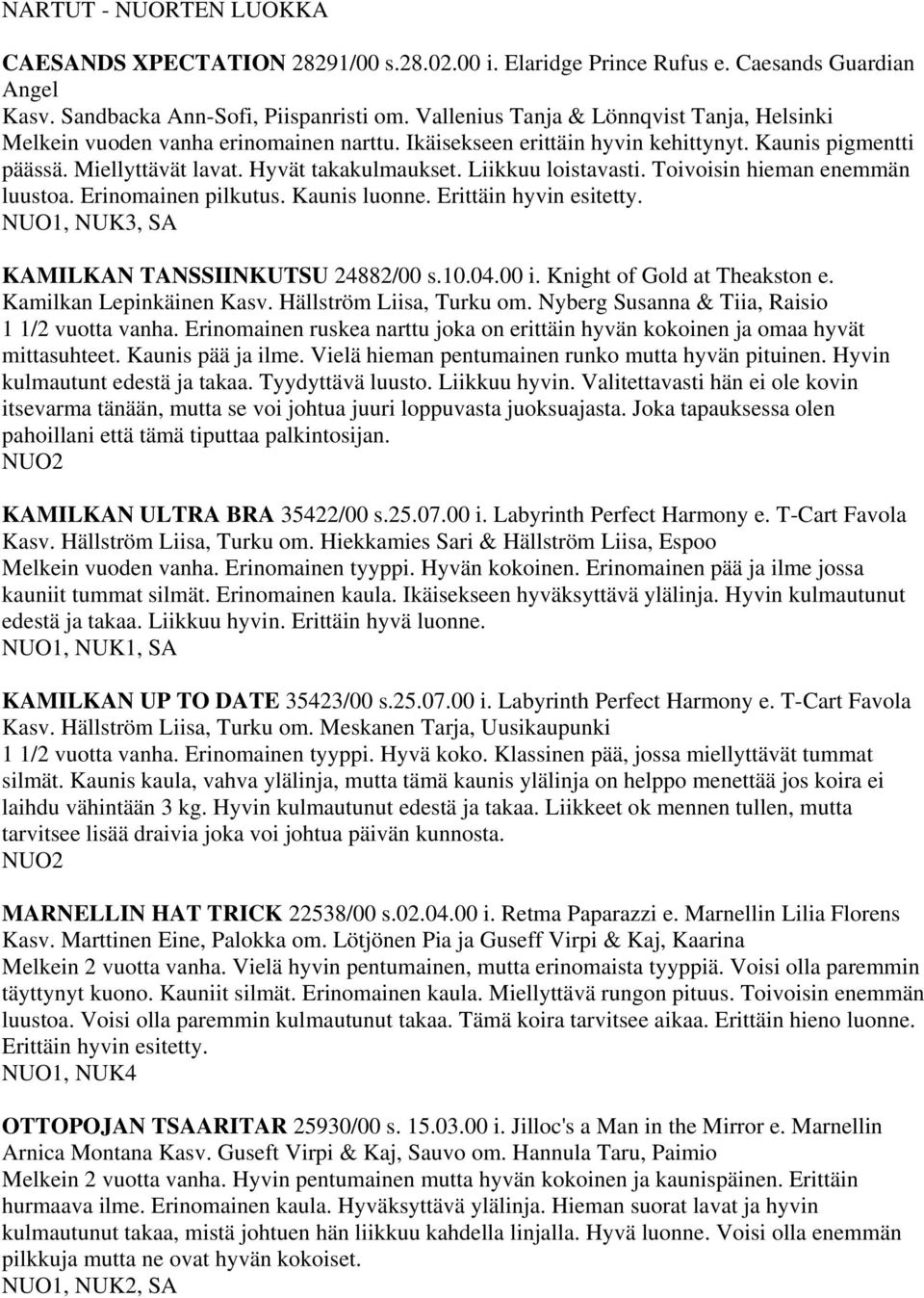 Liikkuu loistavasti. Toivoisin hieman enemmän luustoa. Erinomainen pilkutus. Kaunis luonne. Erittäin hyvin esitetty. NUO1, NUK3, SA KAMILKAN TANSSIINKUTSU 24882/00 s.10.04.00 i.