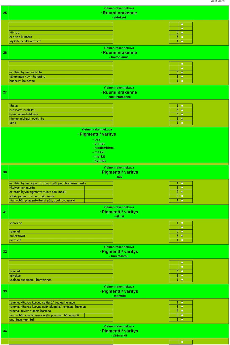 Pigmentti/ väritys - pää erittäin hyvin pigmentoitunut pää, puutteellinen maski yksivärinen musta erittäin hyvin pigmentoitunut pää, maski vähän pigmentoitunut pää, maski liian vähän pigmentoitunut