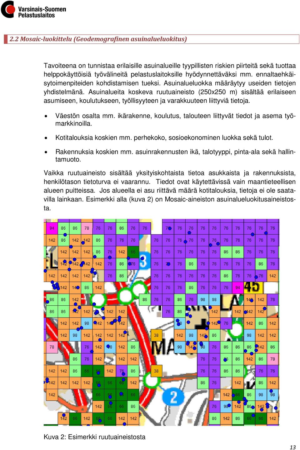 Asuinalueita koskeva ruutuaineisto (250x250 m) sisältää erilaiseen asumiseen, koulutukseen, työllisyyteen ja varakkuuteen liittyviä tietoja. Väestön osalta mm.