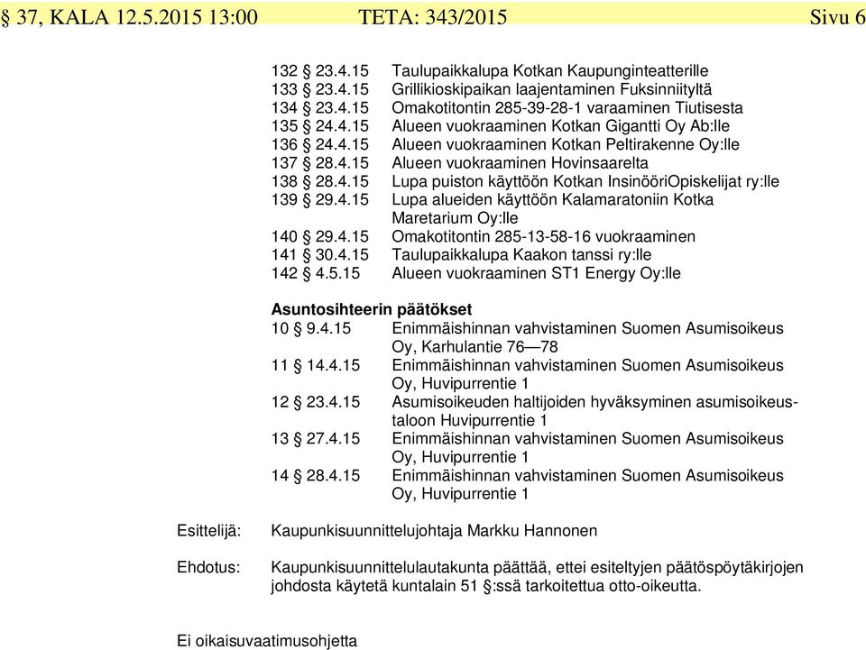 4.15 Lupa alueiden käyttöön Kalamaratoniin Kotka Maretarium Oy:lle 140 29.4.15 Omakotitontin 285-13-58-16 vuokraaminen 141 30.4.15 Taulupaikkalupa Kaakon tanssi ry:lle 142 4.5.15 Alueen vuokraaminen ST1 Energy Oy:lle Asuntosihteerin päätökset 10 9.