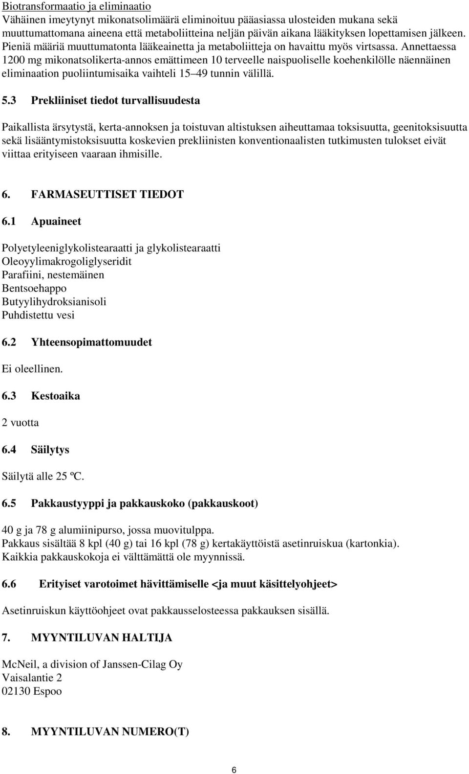 Annettaessa 1200 mg mikonatsolikerta-annos emättimeen 10 terveelle naispuoliselle koehenkilölle näennäinen eliminaation puoliintumisaika vaihteli 15 49 tunnin välillä. 5.