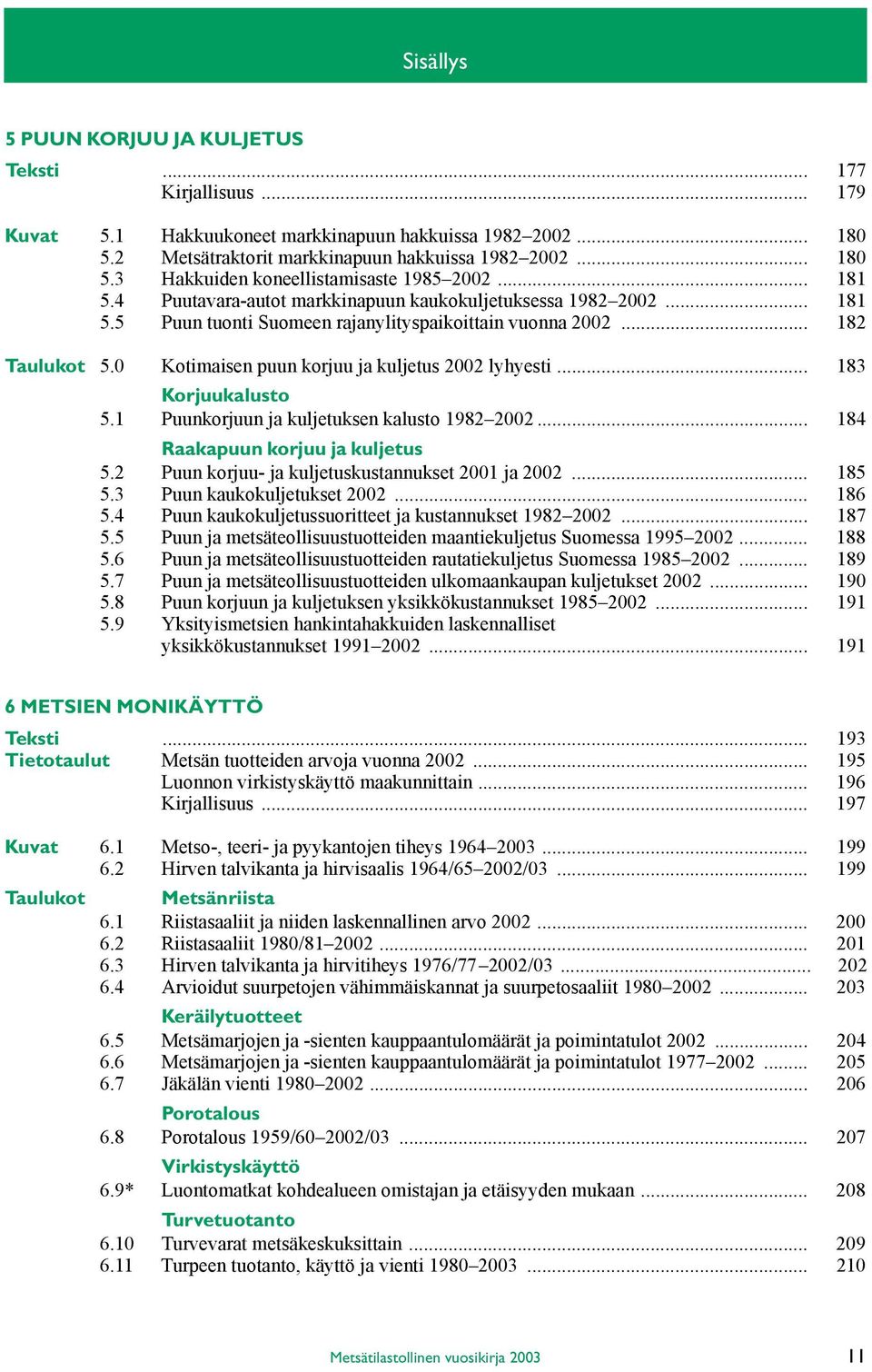 0 Kotimaisen puun korjuu ja kuljetus 2002 lyhyesti... 183 Korjuukalusto 5.1 Puunkorjuun ja kuljetuksen kalusto 1982 2002... 184 Raakapuun korjuu ja kuljetus 5.