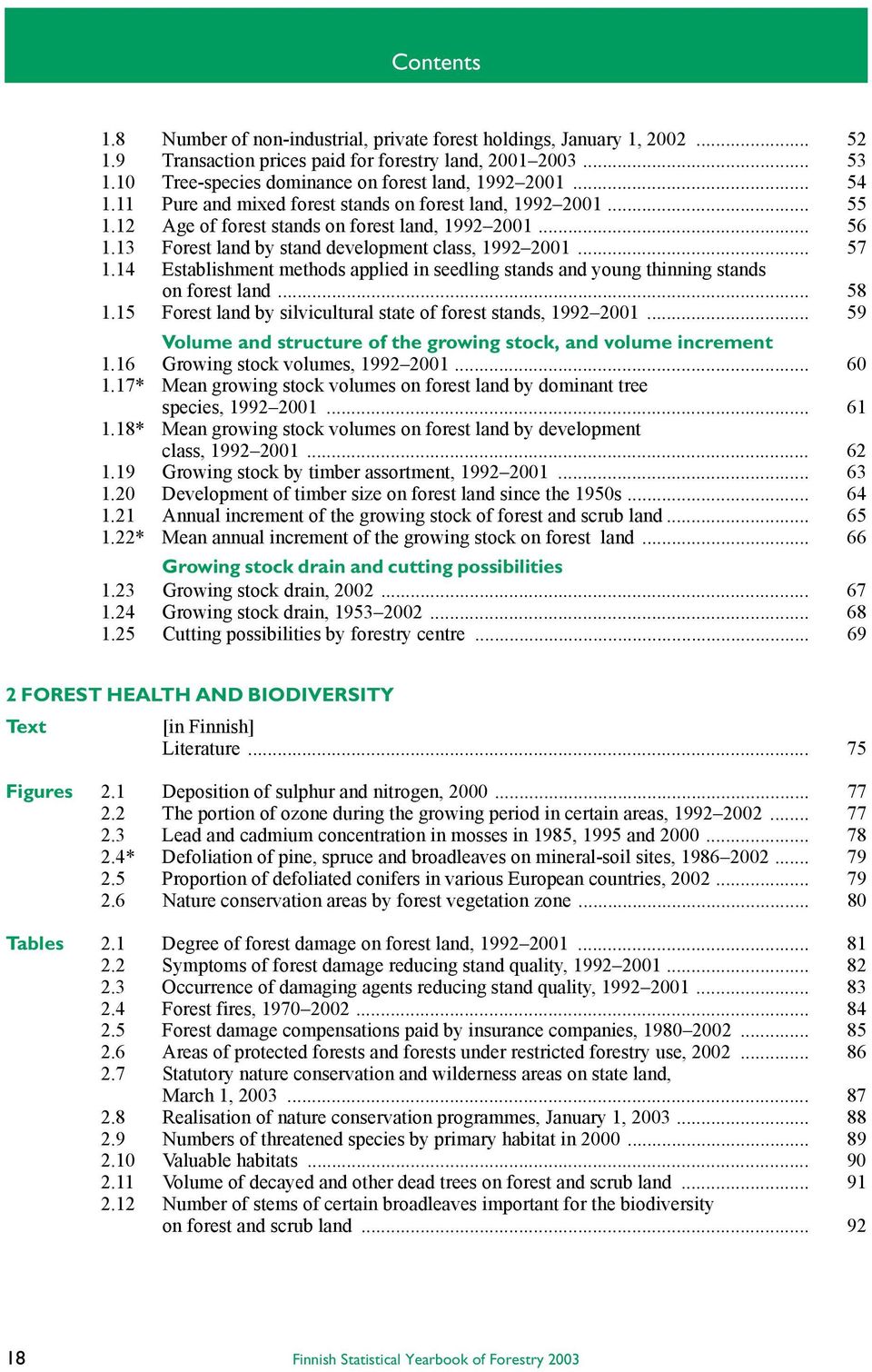 13 Forest land by stand development class, 1992 2001... 57 1.14 Establishment methods applied in seedling stands and young thinning stands on forest land... 58 1.