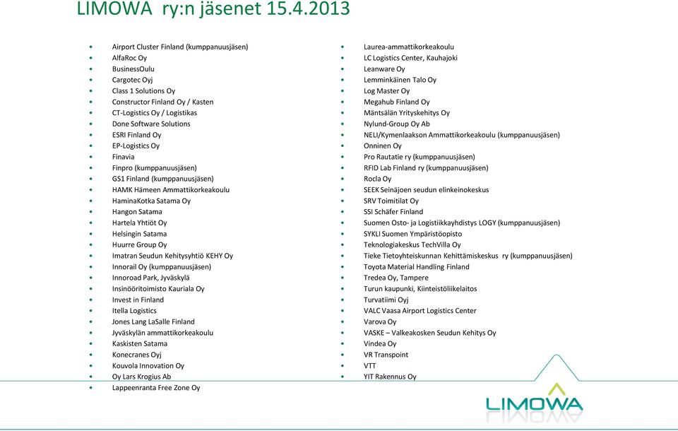 Finland Oy EP-Logistics Oy Finavia Finpro (kumppanuusjäsen) GS1 Finland (kumppanuusjäsen) HAMK Hämeen Ammattikorkeakoulu HaminaKotka Satama Oy Hangon Satama Hartela Yhtiöt Oy Helsingin Satama Huurre