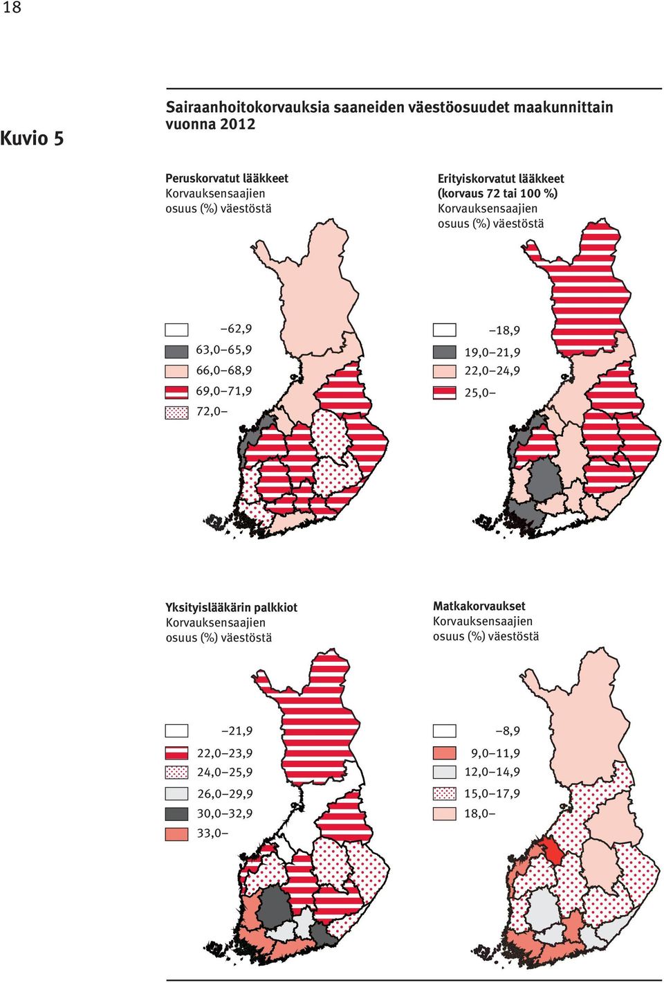 68,9 69,0 71,9 72,0 18,9 19,0 21,9 22,0 24,9 25,0 Yksityislääkärin palkkiot Korvauksensaajien osuus (%) väestöstä