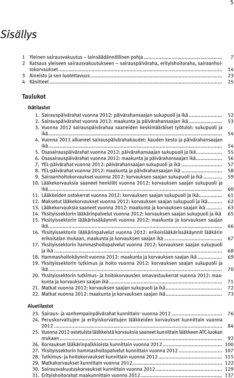 Vuonna 2012 sairauspäivärahaa saaneiden keskimääräiset työtulot: sukupuoli ja ikä... 54 4. Vuonna 2011 alkaneet sairauspäivärahakaudet: kauden kesto ja päivärahansaajan ikä... 54 5.