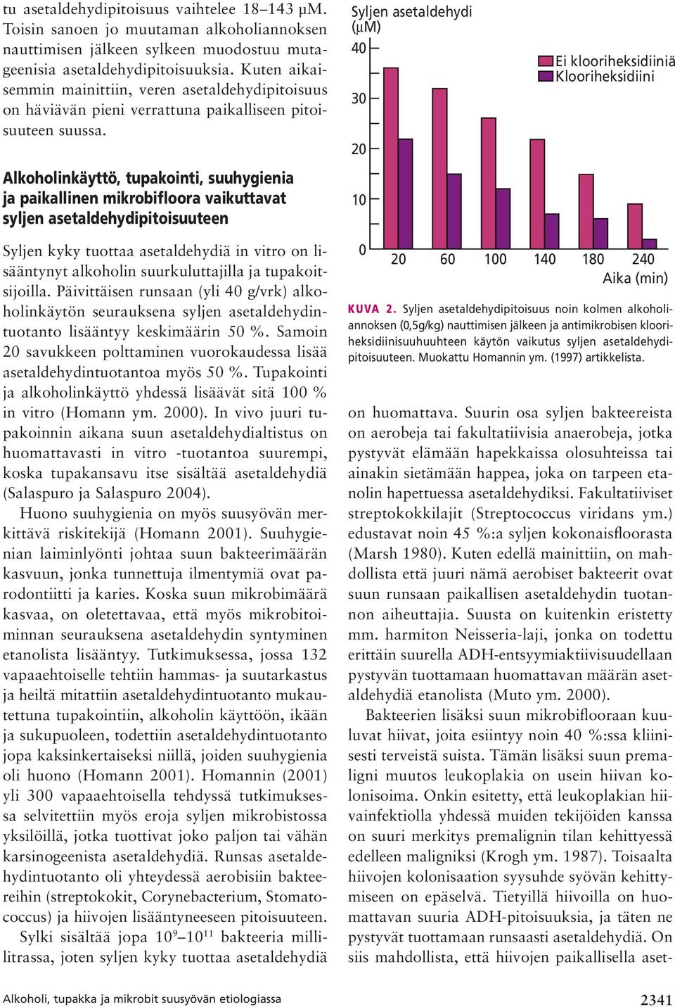 Alkoholinkäyttö, tupakointi, suuhygienia ja paikallinen mikrobifloora vaikuttavat syljen asetaldehydipitoisuuteen Syljen asetaldehydi (µm) 40 30 20 10 Ei klooriheksidiiniä Klooriheksidiini Syljen