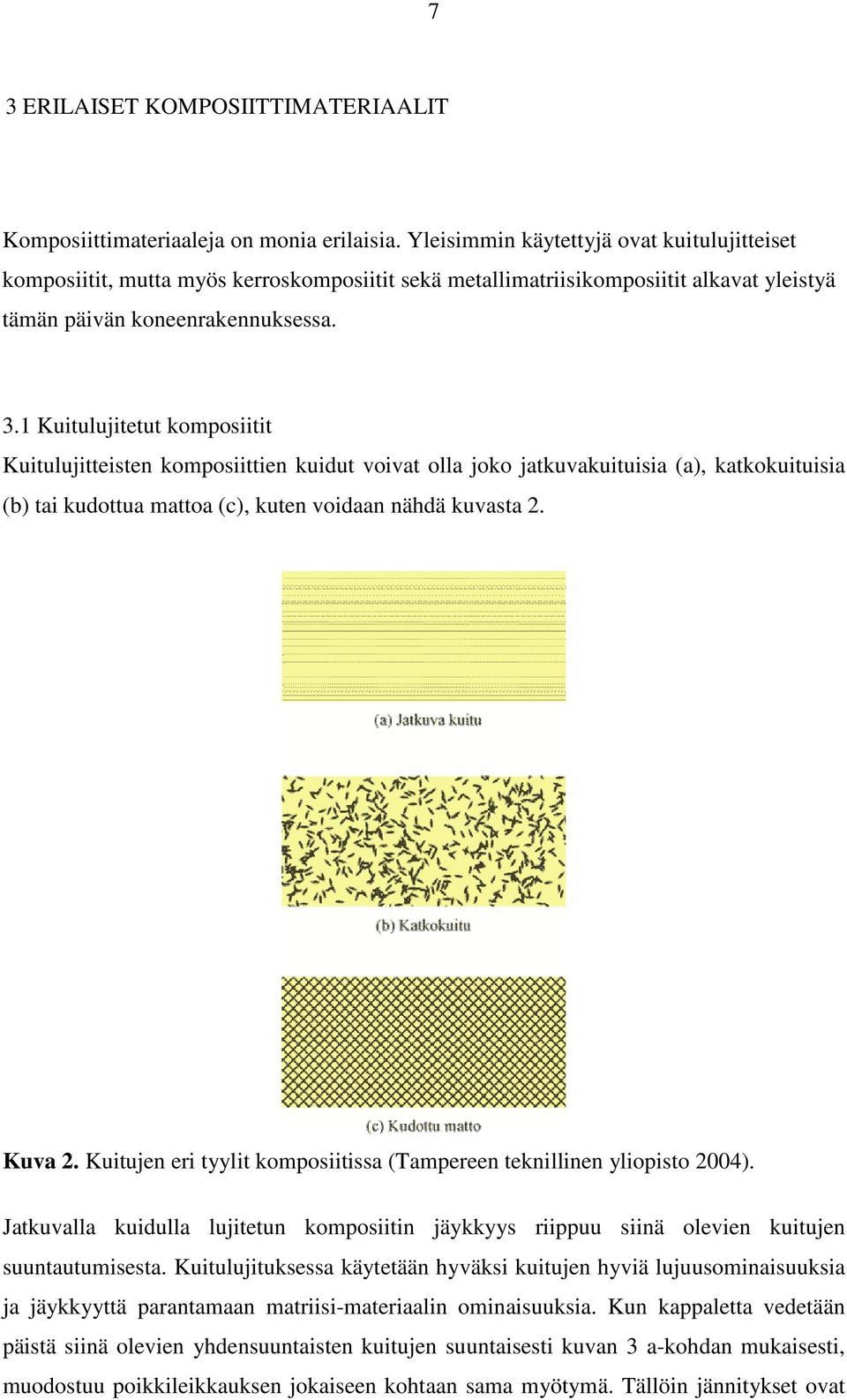 1 Kuitulujitetut komposiitit Kuitulujitteisten komposiittien kuidut voivat olla joko jatkuvakuituisia (a), katkokuituisia (b) tai kudottua mattoa (c), kuten voidaan nähdä kuvasta 2. Kuva 2.