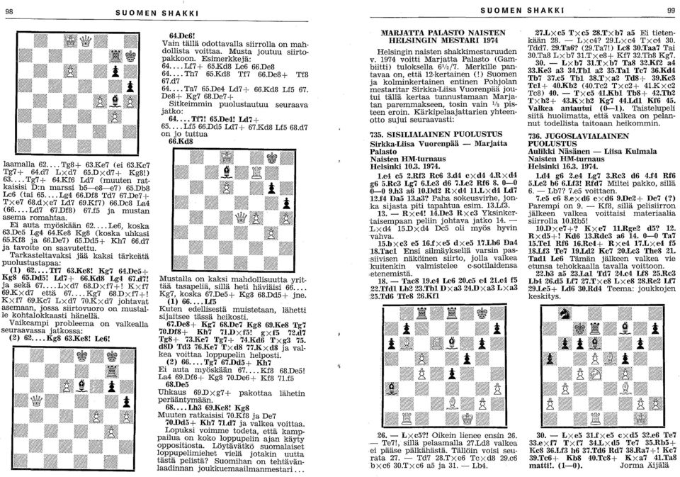 Ke7 (ei 63.Ke7 Tg7+ 64.d7 LXd7 65.DXd7+ Kg8!) 63... Tg7 + 64.Kf6 Ld7 (muuten ratkaisisi D:n marssi b5-e8-e7) 65.Db8 Le6 (tai 65... Lg4 66.Df8 Td7 67.De7 + Txe7 68.dxe7 Ld7 69.Kf7) 66.De8 La4 (66.